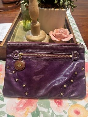 Vintage MZ Wallace Eggplant Plum Travel Cosmetic Pouch Clutch Studded Zip Bag